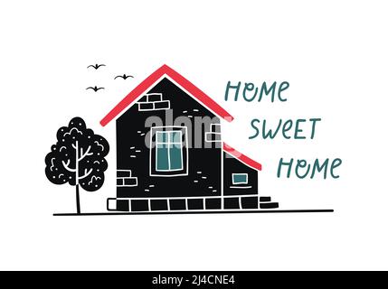 Vektordarstellung eines Landhauses mit handgezeichneter Beschriftung - Home sweet Home. Stock Vektor