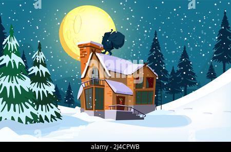 Winterlandschaft mit Hütte, Mond, Weihnachtsmann Silhouette und Tannen. Nächtliche verschneite Landszene Vektorgrafik. Weihnachtskonzept. Für Websi Stock Vektor