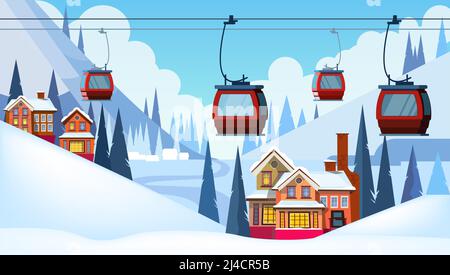 Winterlandschaft mit Gästehäusern und Skiliften. Verschneite Landschaft Vektorgrafik. Skigebiet Konzept. Für Websites, Hintergrundbilder, Poster Stock Vektor