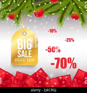 Big Christmas Sale Banner-Design. Goldener Anhänger für Kleidung mit Tannenbaum, Geschenken und Schneeflocken auf grauem Hintergrund. Kann für Verkauf, Werbung, Stock Vektor