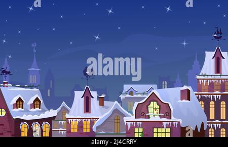 Winterliches Stadtbild mit Nachthimmel und Häusern mit Dächern. Vektorgrafik der Nachtstadt. Konzept für den Heiligabend. Für Websites, Wallpaper, Poster oder BA Stock Vektor