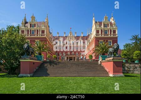 Das Neue Muskau-Schloss im Neorenaissance-Stil, 1866, davor zwei seit 2010 neu gebaute Löwenskulpturen, Fürst-Pueckler-Park in Bad Muskau, Obere Stockfoto