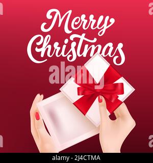 Weihnachts-Flyer-Design. Frau Hände öffnen Geschenk auf rotem Hintergrund. Die Illustration kann für Werbebanner, Poster, Prospekte verwendet werden Stock Vektor