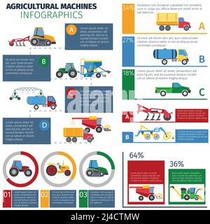 Landwirtschaftliche Maschinen Infografik Set mit Feldspritze Traktoren und Pflug flach vektorgrafik Stock Vektor