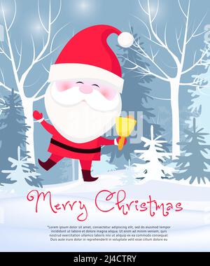 Weihnachts-Poster. Tanzender Weihnachtsmann mit Jingle, verschneiten Wald im Hintergrund. Vorlage kann für Flyer, Banner, Grußkarten verwendet werden Stock Vektor