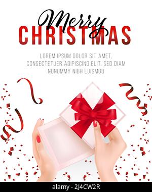 Weihnachts-Poster. Geschenkbox mit rotem Band in Frauenhänden, Streamer und Konfetti. Vorlage kann für Verkauf Banner, Flyer, Grußkarten verwendet werden Stock Vektor