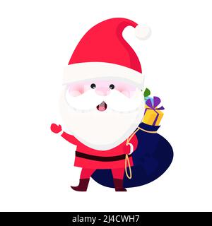 Jolly Santa Claus trägt einen Sack mit Geschenken. Glücklich, winkende Hände, einladend. Weihnachtsfigur Konzept. Kann für Themen wie Tradition, Winter, Stock Vektor
