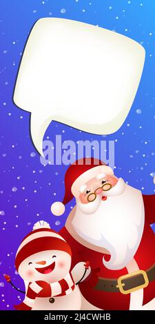 Vertikale Banner-Vorlage für Weihnachten. Fröhlicher Schneemann, Cartoon Weihnachtsmann, leere Sprechblase und Schneefall auf blauem Hintergrund. Festliches Design kann sein Stock Vektor