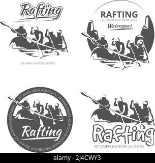 Vintage Rafting, Kanu und Kajak Vektor-Etiketten, Embleme und Abzeichen Set. Kanu Outdoor-Aktivitäten auf dem Fluss Illustration Stock Vektor