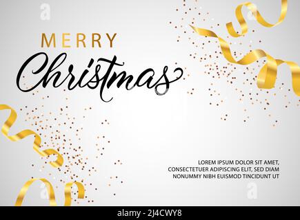 Fröhliches Weihnachtsbanner-Design mit goldenem Streamer und Konfetti. Vektorgrafik kann für Flyer, Poster, Grußkarten verwendet werden Stock Vektor