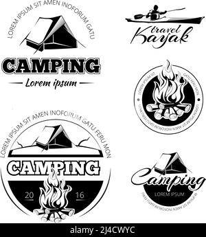 Camping und Wandern vectro Etiketten Embleme und Abzeichen Set. Outdoor-Expedition und Kajak-Illustration Stock Vektor