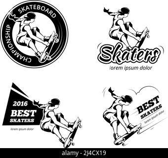 Vintage Skateboarding Labels, Logos und Abzeichen Vektor-Set. Skateboard-Emblem, extreme städtische Illustration Stock Vektor