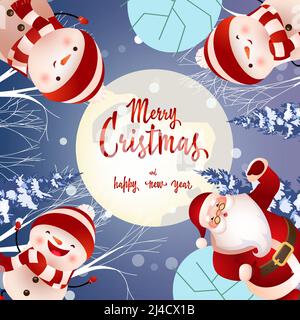 Fröhliche Weihnachtsschrift auf Kreis mit Schneemännern und Weihnachtsmann. Weihnachtskarte. Handgeschriebener Text, Kalligraphie. Für Prospekte, Prospekte, Inv Stock Vektor