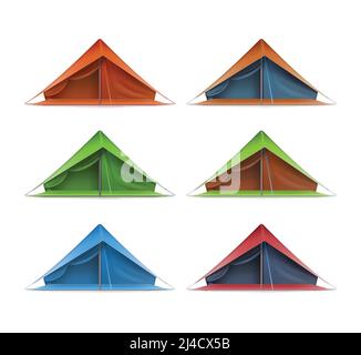 Vector Set von grünen, roten, blauen touristischen Zelte für Reisen und Camping Vorderansicht isoliert auf weißem Hintergrund Stock Vektor