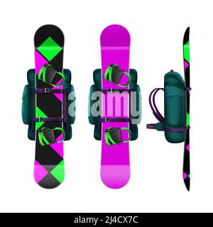 Vector Rucksäcke mit rosa, magenta, grün, schwarz Snowboards Front, Seitenansicht isoliert auf weißem Hintergrund Stock Vektor