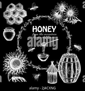 Kreidetafel Skizze Honig Pflanzen und Bienen dekorative Ikonen Set isoliert vektorgrafik Stock Vektor