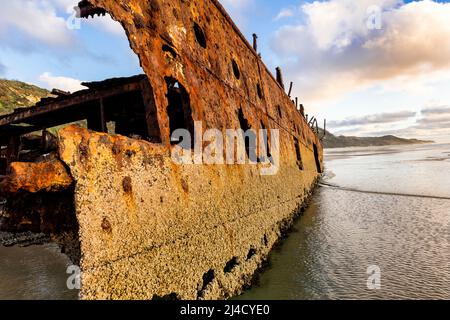 Steuerbordseite des Schiffswracks von Maheno, am frühen Morgen am Seventy Five Mile Beach, Fraser Island, Queensland, Australien Stockfoto