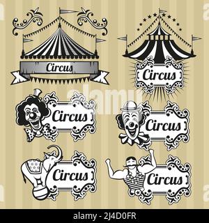 Vintage Zirkus Vektor Embleme, Logos, Etiketten gesetzt. Zirkus Emblem, Retro Zirkus Logo, Karneval Zirkus Zelt Illustration Stock Vektor