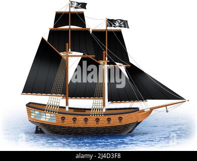 Piratenschiff aus Holz mit schwarzen Segeln und Jolly Roger Flagge Auf See realistische Vektordarstellung Stock Vektor