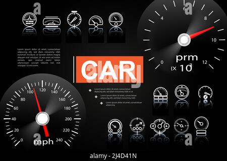 Car Armaturenbrett Elemente Konzept mit Tachometer Tachometer und Armaturenbrett-Anzeigen Von verschiedenen Design-Vektor-Illustration Stock Vektor