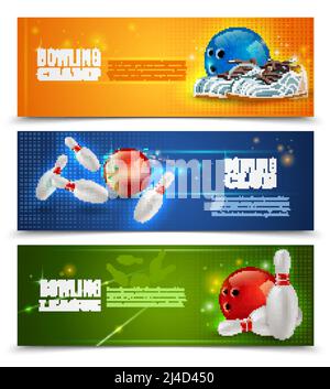 Bowling horizontale Banner Set mit Bowling Champ Club und Ligen Symbole realistische isolierte Vektordarstellung Stock Vektor