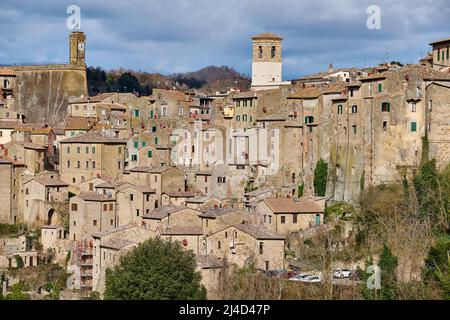 Luftbild mittelalterliche Stadt Sorano, Toskana, Italien Stockfoto