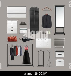 Vector Set von Garderobe Sachen Kleiderbügel, Boxen, Spiegel, Pouf, Racks und Ständer, Verschiedene Kleidung, Tasche, Schuhe und Regenschirm Vorderansicht isoliert auf backgro Stock Vektor