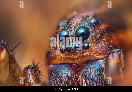 Gruseliges Porträt der Bodenwolf-Spinne, Trochose terracola, Nahaufnahme Makro-Foto Stockfoto