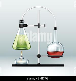 Vector chemischen Laborständer mit Glasflaschen voller Grün Roter Flüssigkeits- und Alkoholbrenner isoliert auf dem Hintergrund Stock Vektor