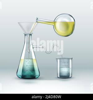 Vector chemische Reaktionen Forschung wird mit Glasflaschen voll von gelb blauen Flüssigkeit, Trichter und Becher isoliert auf Hintergrund getan Stock Vektor