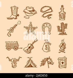 Wild West Cowboy handgezeichnetes Set mit Sattel Sheriff Abzeichen Horseshoe isolierte Vektor-Illustration Stock Vektor