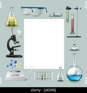 Vektor-Set von chemischen Laborgeräten Teströhrchen, Kolben mit farbigen Flüssigkeiten, Gläser, Petrischale, Alkoholbrenner, optisches Mikroskop, Trichter, b Stock Vektor