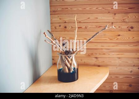 Neutrale farbige Vase mit Holzstäben und natürlichen Kegeln auf verzweifeltem Holzregal gegen raue hellgrau-blaue Wand im Sonnenlicht. Inneneinrichtung. Stockfoto