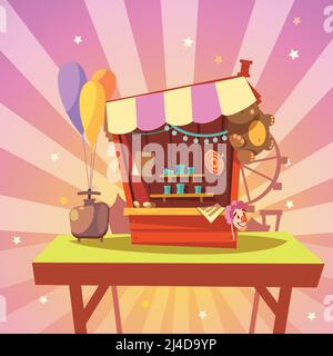 Vergnügungspark Cartoon mit Schießstand Galerie mit Preisen auf abstrakt Hintergrund Retro-Stil Vektor-Illustration Stock Vektor