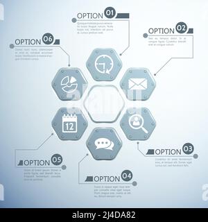 Web-Infografik-Vorlage mit Metallsechsecken sechs Optionen und weiß Symbole auf Vektorgrafik mit hellem Hintergrund Stock Vektor
