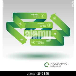 Web-Infografik-Vorlage mit grünen gebogenen Band Pfeile vier Optionen Und weiße Symbole isolierte Vektordarstellung Stock Vektor