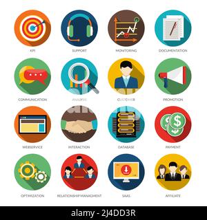 CRM runde Symbole mit Überwachung unterstützen Kundenkommunikation und Vektordarstellung der Datenbank Stock Vektor