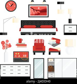 Schlafzimmer Möbel und Accessoires Uhr Lampe und Dekoration flache Farbe Dekorative Symbolgruppe isolierte Vektorgrafik Stock Vektor
