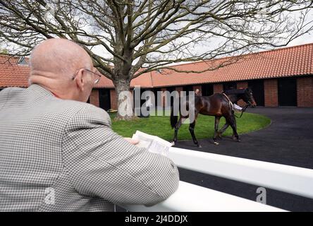 Racegoers beobachten Pferde im Vorparadering am dritten Tag des Craven Meetings bet365 auf der Newmarket Racecourse. Bilddatum: Donnerstag, 14. April 2022. Stockfoto