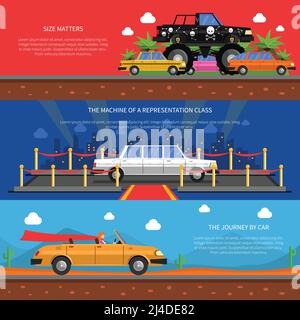 Cars horizontale Banner mit Darstellung Klasse Autos und Reise gesetzt Durch Auto Symbole flach isoliert Vektor-Illustration Stock Vektor