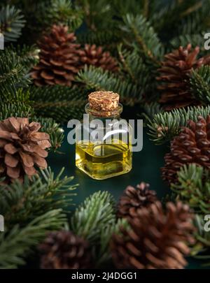 Glasflasche mit ätherischem Nadelöl zwischen Tannenzweigen und Tannenzapfen auf grünem Nahaufnahme. Aromatherapie, Spa und Kräutermedizin Konzept. Natürlich Stockfoto