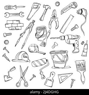 Große Doodle-Set von Haus-Reparatur-Tools in Doodle-Stil. Hand-und Elektrowerkzeuge, Wandmalerei und Holzarbeiten Werkzeuge, verschiedene Schraubendreher, Bohrer, hamm Stock Vektor