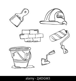 Werkzeuge Wandmalerei Doodle Icons. Vektorskizze. Handgezeichnete Illustration. Isolierte Vektorsymbole Stock Vektor