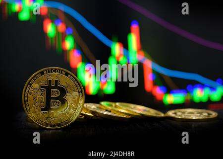 Golden Bitcoin Kryptowährung im Trading Chart Hintergrund Stockfoto