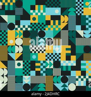 Farbenfrohe abstrakte Vektormuster mit verschiedenen geometrischen Formen und Elementen. Digitales Grafikdesign für Poster, Cover, Kunst, Präsentation Stock Vektor