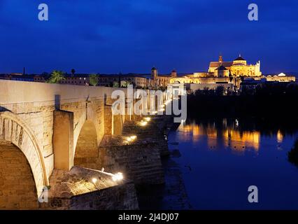 MOSCHEE KATHEDRALE Mezquita-Catedral de Córdoba CORDOBA SPANIEN UND RÖMISCHE BRÜCKE BELEUCHTET IN DER NACHT Stockfoto