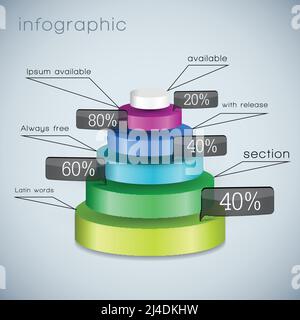 Farbige dreidimensionale Pyramidenvorlage mit ausgewählten Elementen von Vektorgrafik in verschiedenen Größen Stock Vektor