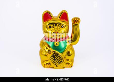 Chinesische glücklich winkende Katze winkt Maneki Neko Gold Wealth (Chinesisches Neujahr), Hongkong, Volksrepublik China Stockfoto