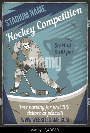 Werbeplakat-Design mit Darstellung des Eishockeyspielers auf staubigen Hintergrund. Stock Vektor
