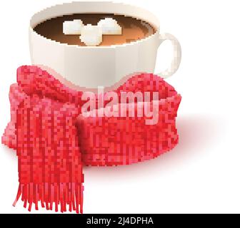 Gemütliche Winterkomposition mit handgestricktem rotem Schal und Weiß tasse heiße Schokolade drucken Vektor-Illustration Stock Vektor